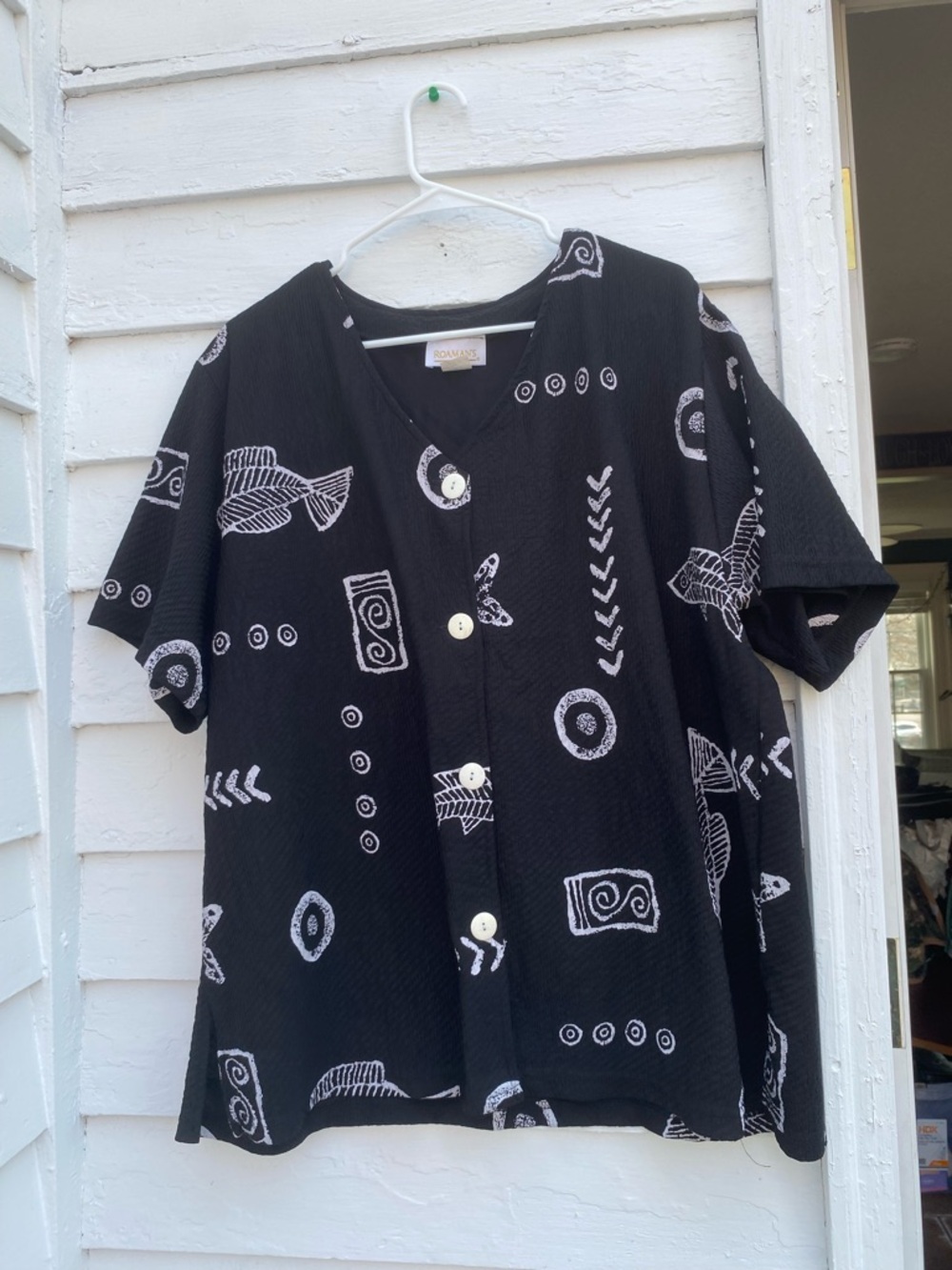 Roaman's Black Button Down Top with Nautical Print Fish Starfish